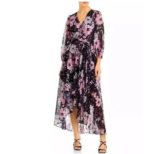 Eliza J Floral Metallic Fleck High Low Dress Puff Sleeve V-Neck Midi Tropical 10